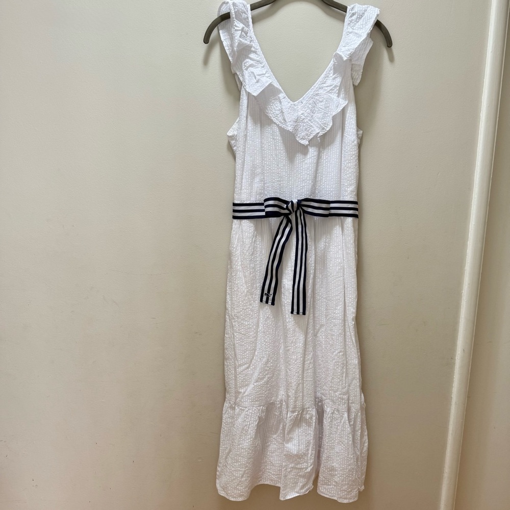 Vineyard Vines White Dress with Navy & White Striped Belt - Picture 2 of 8